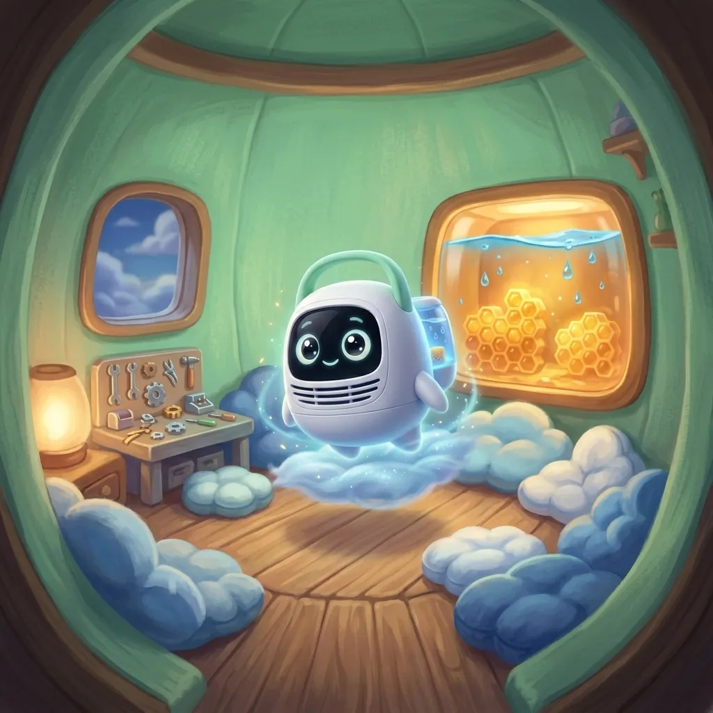Breezy-Boo, a small robot keepsake, hovering in its round mint-green home