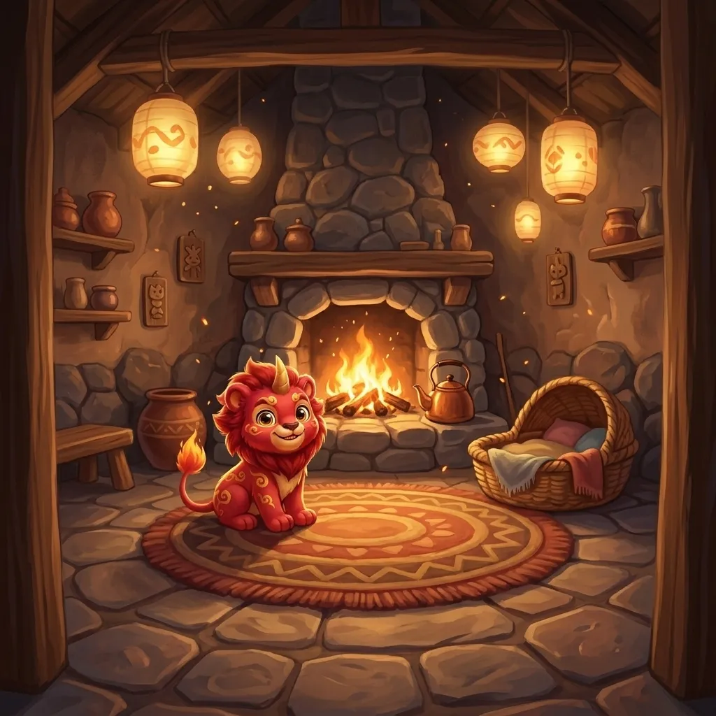 Little Nian, a red lion-cub keepsake, at home beside his hearth fire