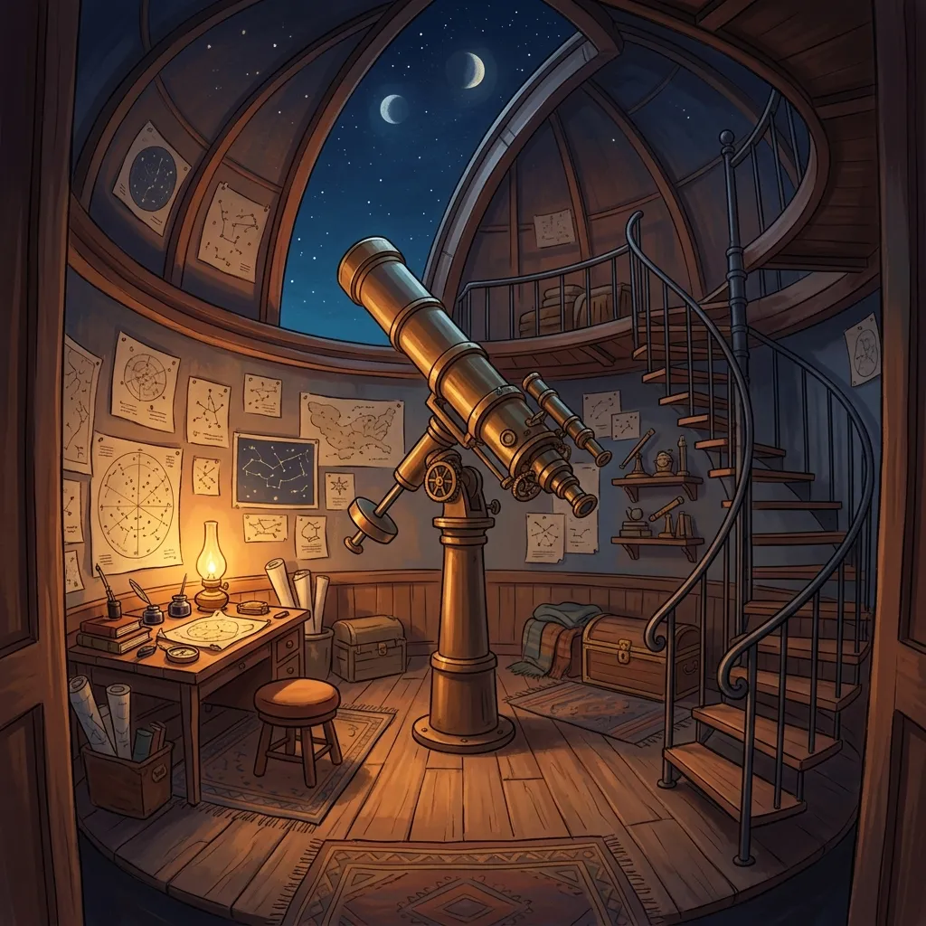 Inside the Star Observatory, a brass telescope pointed at a painted night sky